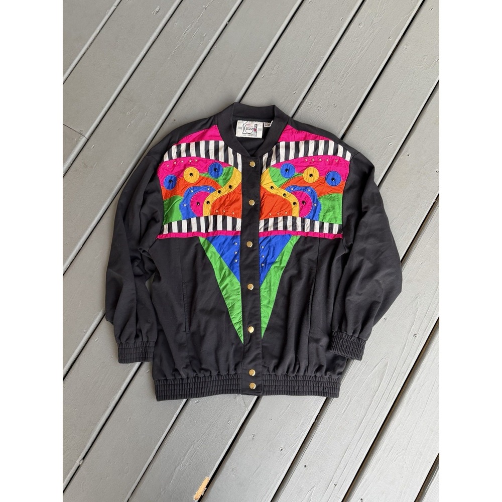 Vintage 90s Saint Germaine Sport Jacket Women M Colorblock Abstract Bomber‎